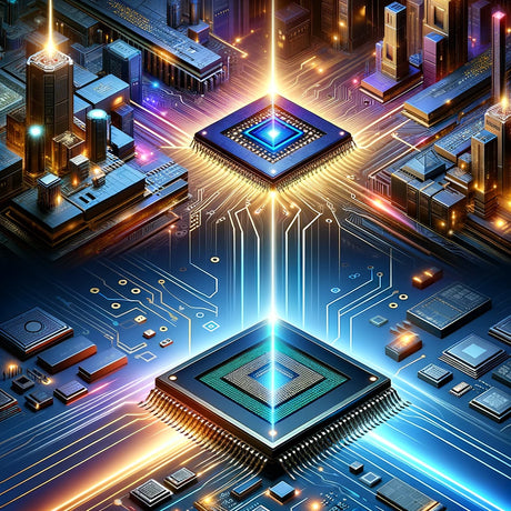 An elaborate digital infographic showcasing a side-by-side comparison of 10nm and 7nm chipsets technology features and benefits for 2024, with futuristic graphics and clear labels
