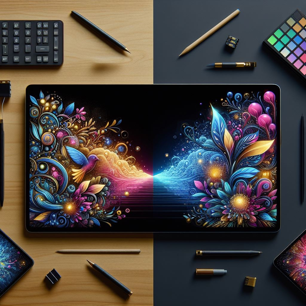 An artistic split image comparing OLED and Mini-LED displays, highlighting the contrast, brightness, and color accuracy in a futuristic living room setting.