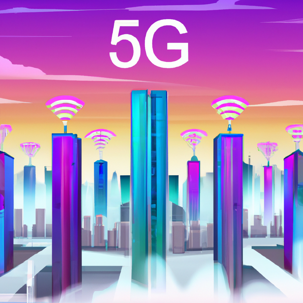 A futuristic cityscape with seamless 6G network connectivity, showcasing a spectrum of 4G, 5G, and 6G towers and devices, with holographic data streaming between them, under a digital sky demonstrating the evolution of communication technologies.