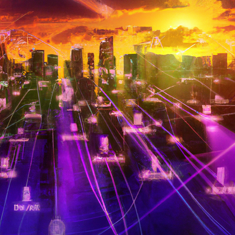 Create an image of a futuristic cityscape at sunset, with interconnected smart devices and edge computing networks represented as glowing lines and nodes, showcasing seamless data exchange and IoT integration.