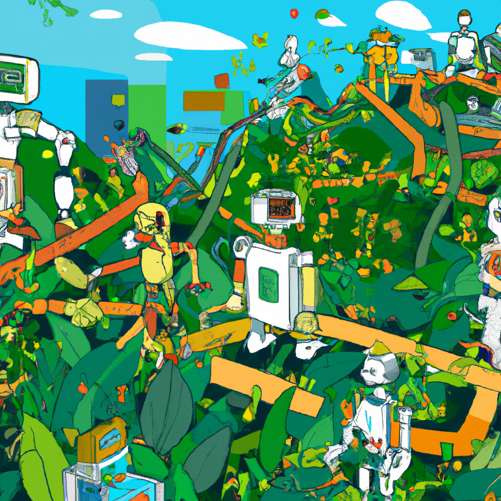 An intricately designed, futuristic cityscape where robots and humans work together to recycle electronic devices amid lush green plants, all under a clear, pollution-free sky.