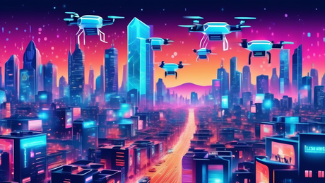 Create an image of a futuristic city skyline with drones delivering packages, autonomous cars on the streets, and holographic billboards displaying the latest in AI and blockchain technology, under a clear, starlit sky.