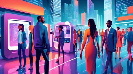 A futuristic scene showing a diverse group of people using advanced biometric devices for personal identification in a sleek, modern cityscape. The devices include iris scanners, fingerprint readers, 