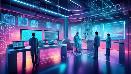 An advanced laboratory with scientists and engineers designing and testing futuristic 5G chipsets, with high-tech computers and digital displays showing complex circuitry and 5G network simulations in