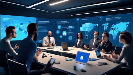Create an image depicting a dramatic boardroom scene where a group of tech professionals are animatedly discussing Microsoft Azure's Multi-Factor Authentication (MFA) announcement. The room is equippe
