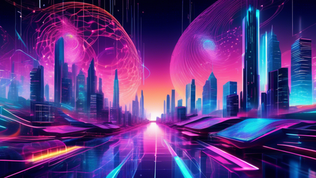 An artistic representation of two advanced futuristic cities linked by a glowing quantum cryptography network, with swirling patterns of encrypted data and holographic interfaces floating above a neon