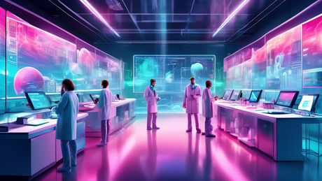 An ultra-modern laboratory with scientists examining large, flexible e-ink displays showing vibrant colors and dynamic graphics, set in a futuristic, high-tech environment with transparent computer in