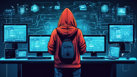 Create a digital illustration showing a high-tech computer lab with various screens displaying code and digital security alerts. In the center, depict a hacker in a hooded sweatshirt working on a term