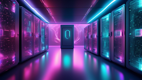 a futuristic data center filled with glowing, holographic quantum computers, with floating digital locks and shields symbolizing high security and privacy, set in a sleek, high-tech environment