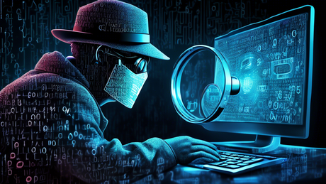 Digital illustration of a cyber detective magnifying over a Linux logo, with ransomware codes and lock symbols in the background, highlighting cybersecurity vulnerabilities.