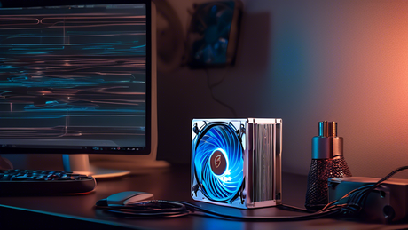 High-tech upgrade: a sleek and modern 1,600W power supply unit from Seasonic with a prominently visible, quiet-running 120mm Noctua fan, set in a clean, minimalist workspace with soft ambient lighting