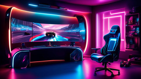 A futuristic gaming setup featuring a large, curved 2024 monitor with adaptive sync technology, vividly displaying a high-speed racing game; surrounded by dynamic RGB lighting and advanced gaming peri