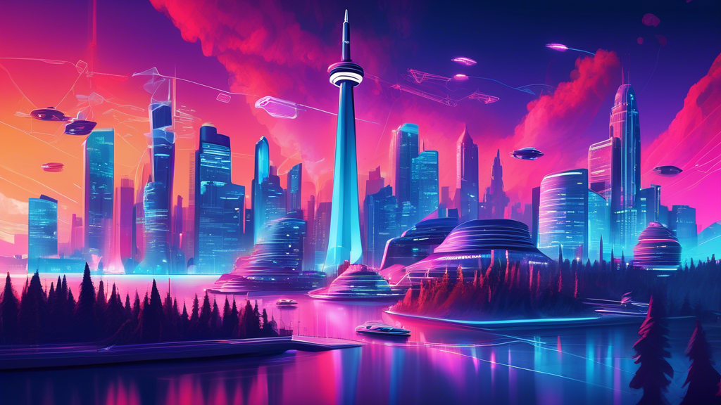 Create a futuristic illustration of thriving CyberTowns in Canada, highlighting a vibrant community of professionals working in state-of-the-art cybersecurity facilities, set against famous Canadian landmarks.