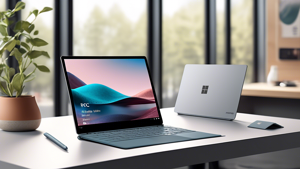 Create an image of a sleek Microsoft Surface laptop on a modern, minimalist desk. The screen should display the Microsoft.com website, highlighting the announcement of the new Copilot+ PCs. Include el