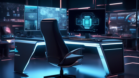 An advanced, sleek computer workstation showcasing AMD’s AI-powered PC with Microsoft Pluton security chip integration, featuring an open Microsoft Copilot interface on the screen, set in a futuristic, high-tech office environment.