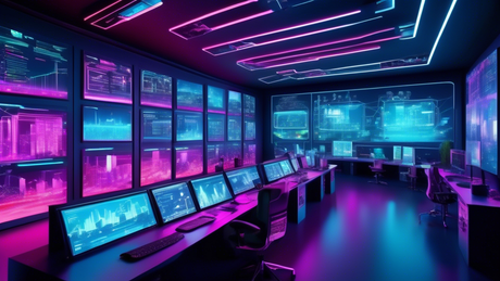 An advanced digital control room displaying multiple screens showing live data and simulations of IoT networks with 3D visualizations of digital twins technology, incorporating futuristic urban and in
