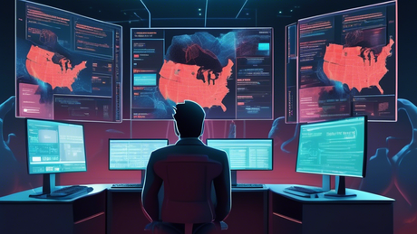 A futuristic digital cybersecurity command center actively responding to a critical vulnerability in a Palo Alto Networks firewall, while a separate screen shows a news report about a Canadian comedy festival losing over $800K in an email scam.