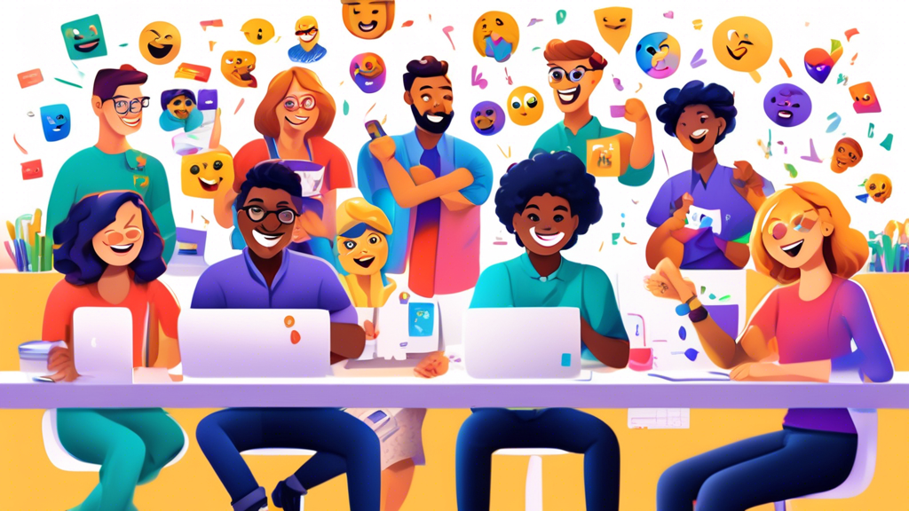 Create an image depicting a celebratory office environment where employees are excitedly creating and sharing custom emojis for Microsoft Teams. Show the Teams interface on multiple screens, with dive