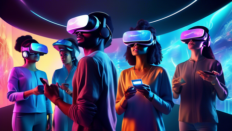 Realistic and detailed portrayal of a diverse group of people using advanced virtual reality headsets in a futuristic setting, with visible enhancements like holographic interfaces and sensory feedbac