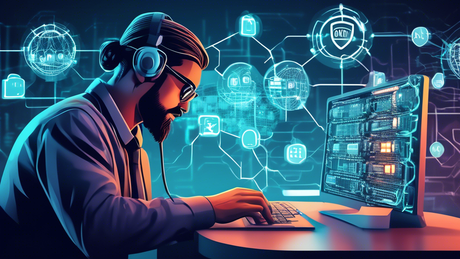 Digital illustration of a cyber security engineer applying patches to a network represented by Cisco ASA gateways and WordPress plugin icons, with visual metaphors for urgent alerts and warnings in the background.