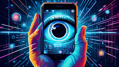 An artist's futuristic representation of a person scanning their eye with an advanced biometric security device integrated into a sleek, modern smartphone, surrounded by digital lines and cybersecurit