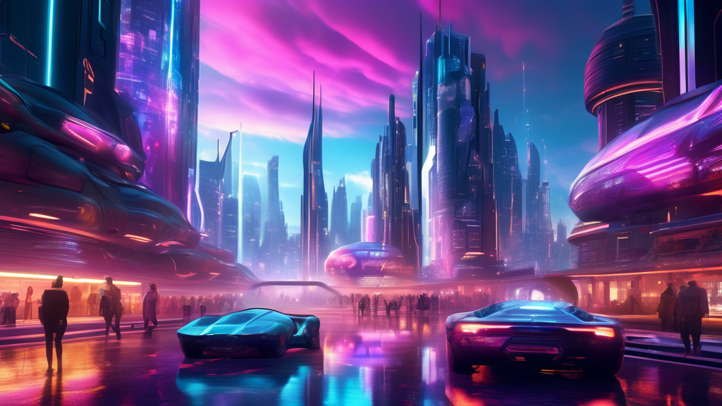 An awe-inspiring digital artwork showcasing a futuristic gaming cityscape in 2024, illuminated by dynamic, hyper-realistic lighting effects demonstrating advanced ray tracing technology.