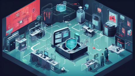 A sophisticated digital fortress surrounded by various digital threats with a patch being applied, symbolizing the CrushFTP vulnerability fix, along with a futuristic security control room monitoring network health, representing Cisco's security updates.