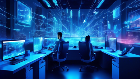 A futuristic urban workspace featuring multiple devices connected seamlessly through Thunderbolt 4 cables, with glowing blue lights and data flowing visibly through them, illustrating the speed and ef