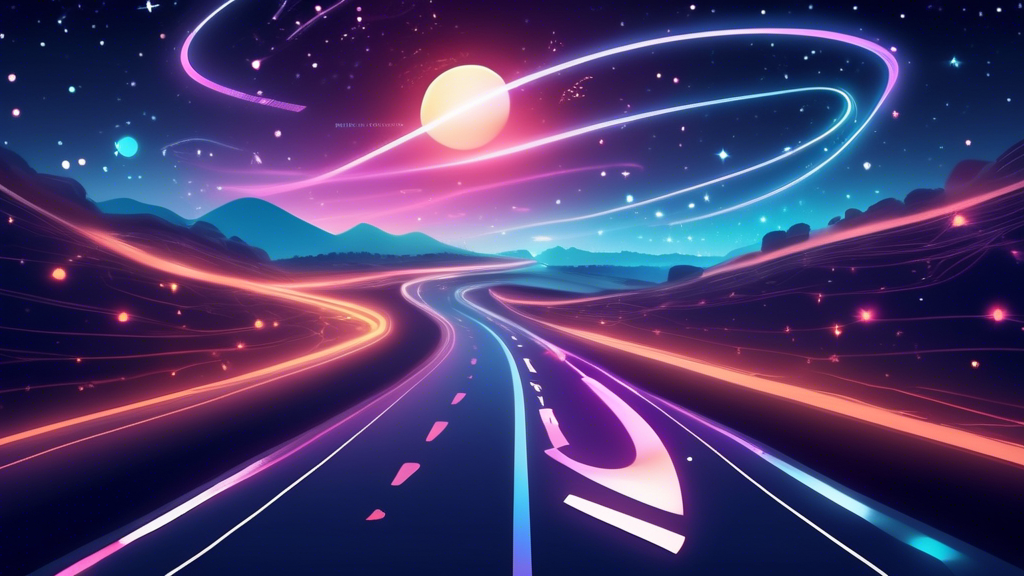 An illuminated, winding road with futuristic, digital elements representing the journey to AI, under a starry sky, with the text 'Hashtag Trending, Weekend Edition – March 29, 2024' glowing softly in the corner.