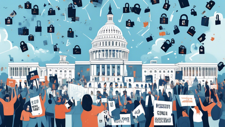 A digital illustration of the US Capitol building with a giant padlock and a broken Microsoft logo, with clattering hashtags falling from the sky and a group of concerned citizens holding signs in protest.