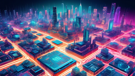 An illustrated digital landscape showing a futuristic city with buildings shaped like circuit boards and software code running through them, highlighting open source software integration in each struc