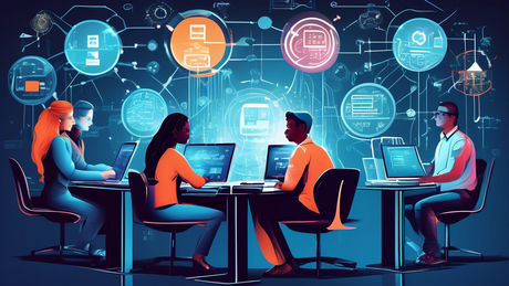 An intricate digital illustration depicting four distinct, futuristic software interfaces floating in cyberspace, each labeled: Payroll Software, HRIS, ERP, HCM, above a group of diverse professionals pondering over their choices.