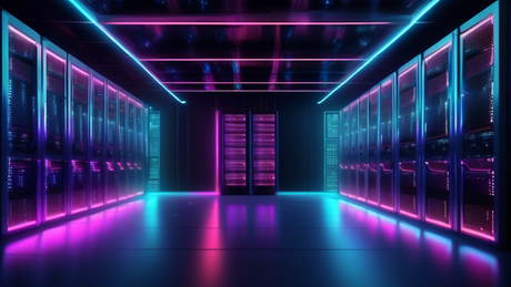 An illustrated futuristic data center room filled with advanced 2024 servers showcasing high-density memory modules, glowing with neon lights in a dark, atmospheric setting.