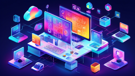 An intricate digital artwork illustrating a modern office with five floating holographic icons, each representing a key feature of accounting software: automation, real-time reporting, multi-user acce