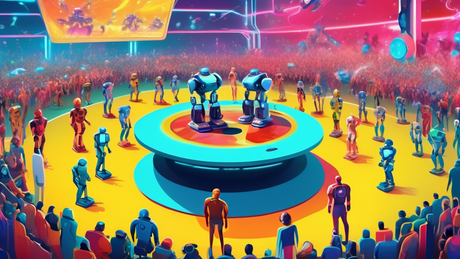 An artistic portrayal of a futuristic battle arena where robots representing different wireless charging standards compete in a high-tech showdown, surrounded by a crowd of diverse, engaged spectators