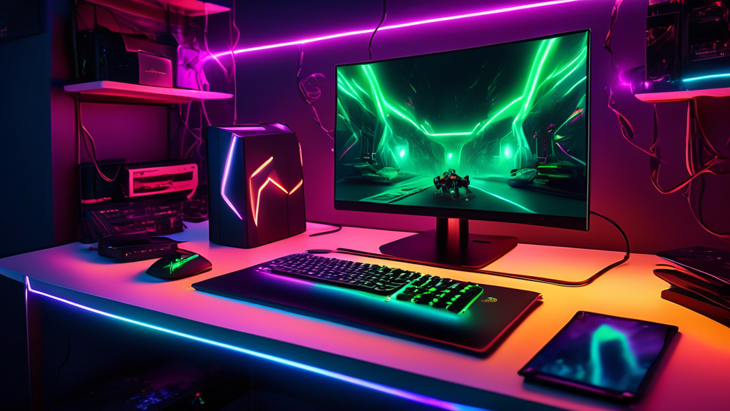 An ultra-modern gaming setup featuring the new Razer Blade 18 laptop with vivid display, power cables glowing with energy, and multiple devices connected seamlessly in a futuristic room.