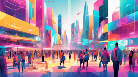 An artist's futuristic concept of a bustling city square in 2024, where people of diverse backgrounds interact with various innovative foldable display technologies, including foldable smartphones, we