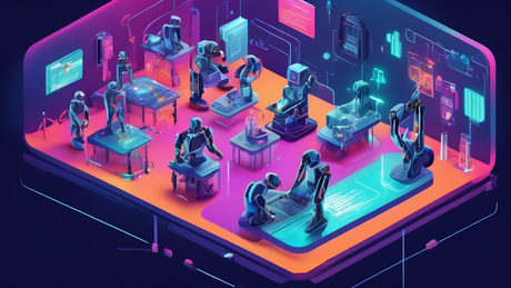 An advanced robotics workshop in 2024 filled with engineers integrating edge AI technology into small autonomous robots, illustrating local data processing capabilities in a futuristic, high-tech envi
