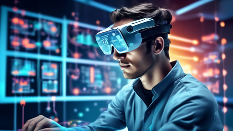 An engineer wearing sleek, modern augmented reality glasses, immersed in a futuristic interface with floating 3D digital graphics and data, in a high-tech laboratory setting.