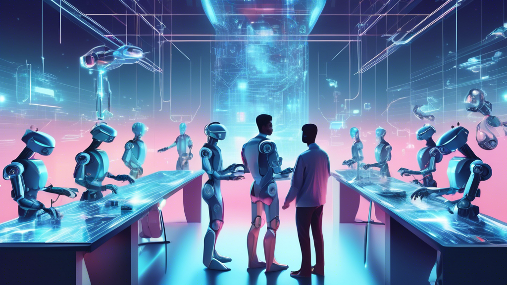 An illustrative digital artwork showing futuristic robots and humans collaboratively working on advanced AI projects in a high-tech lab with visual representations of the top 5 AI trends for 2024 floating holographically above them.