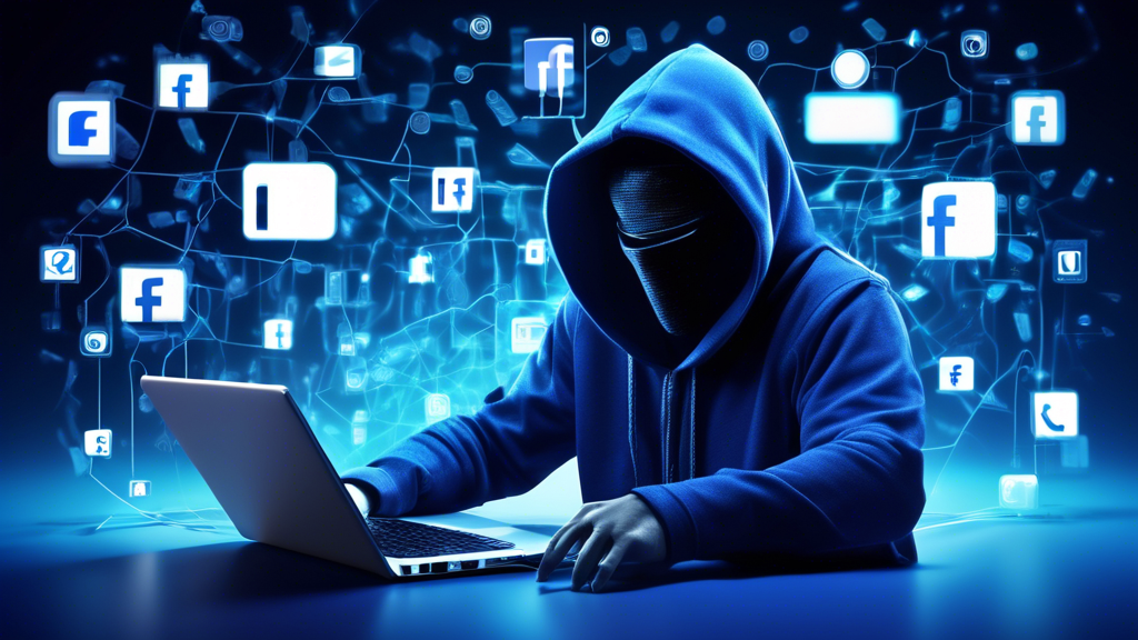 Prompt: Illustrate a digital composite image showing a sneaky cyber thief in a hoodie hijacking Facebook pages with a futuristic laptop, surrounded by numerous floating, fake AI application icons in a cyberspace background.