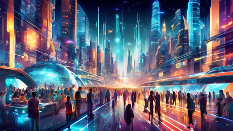 An imaginative digital artwork depicting a bustling futuristic city with glowing, interconnected high-speed internet networks, showcasing streamlined and advanced technological devices being used by d