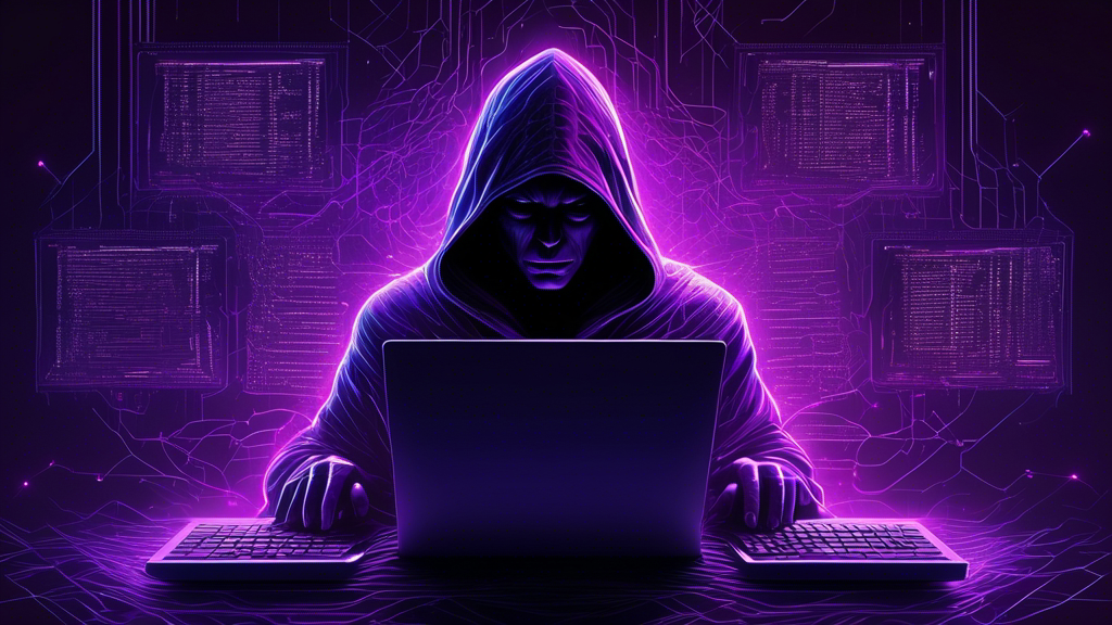 Dramatic digital painting of a hooded figure typing on a laptop with intricate lines of code on the screen, illuminating a dark room, with icons symbolizing vCenters and ESXi servers floating around the edges, enveloped by a sinister purple glow.