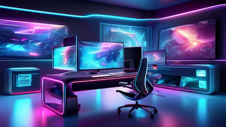 A futuristic workspace showcasing a sleek, ultra-modern desk with a series of high-refresh-rate monitors displaying crystal-clear, dynamic images, emphasizing speed and precision, set against a minima