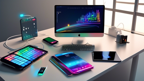An array of consumer electronic devices including laptops, tablets, and smartphones lined up on a sleek, modern desk, each featuring a visible USB4 port, all interconnected with glowing USB4 cables, w
