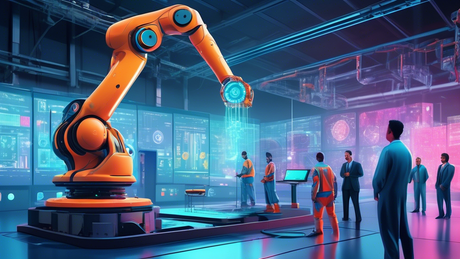 An advanced AI robot working alongside engineers to perform predictive maintenance on a futuristic industrial machine, with data visualization holograms displaying real-time analytics, set in a high-t