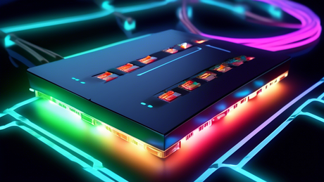 Prompt: A sleek, modern network switch with glowing LED lights, connected to multiple Ethernet cables, set against a futuristic background with binary code and digital elements, symbolizing fast, reli