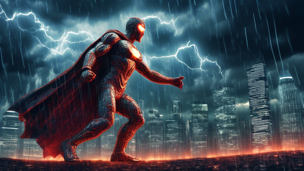 Dramatic digital illustration of a super hero defending a cityscape made of computer code and firewalls against ominous malware monsters under a stormy sky, signifying the weekly battle of cybersecurity, dated April 5, 2024.