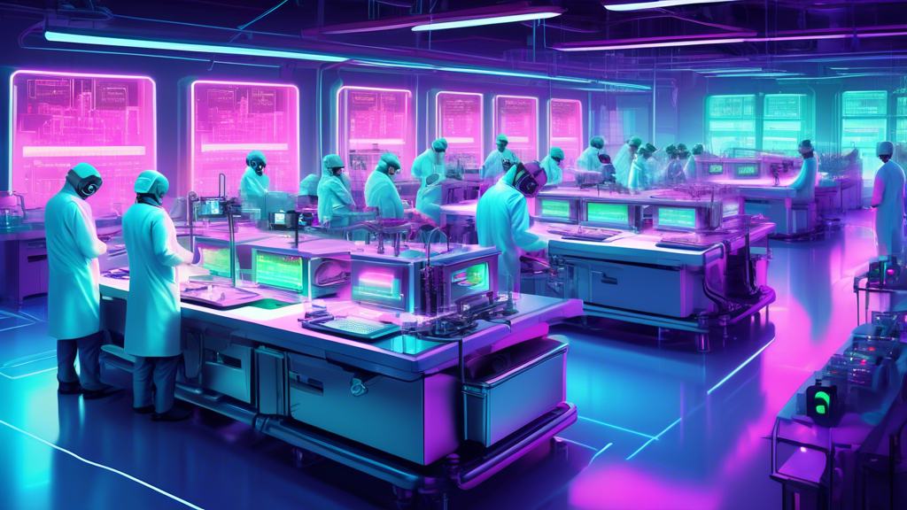 An ultra-sophisticated, futuristic microchip production line showcasing advanced CPU manufacturing techniques in a high-tech facility, illuminated by neon lights, with robots and engineers in lab coat