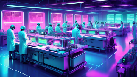 An ultra-sophisticated, futuristic microchip production line showcasing advanced CPU manufacturing techniques in a high-tech facility, illuminated by neon lights, with robots and engineers in lab coat